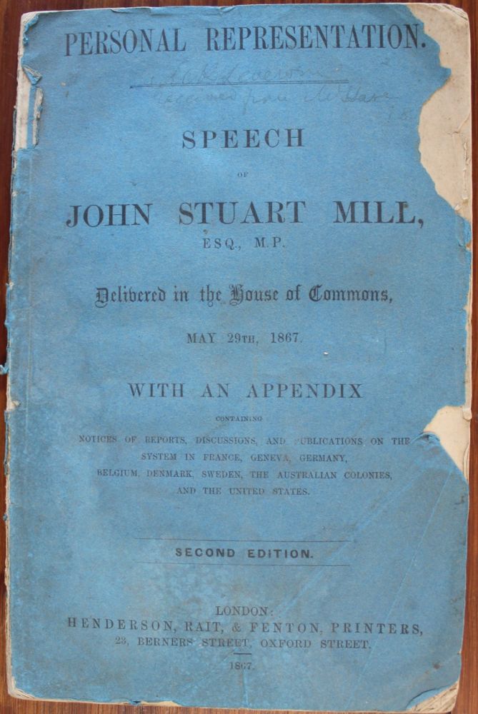 Item #949 Personal Representation Speech of John Stuart Mill, Esq., M.P. John Stuart MILL.
