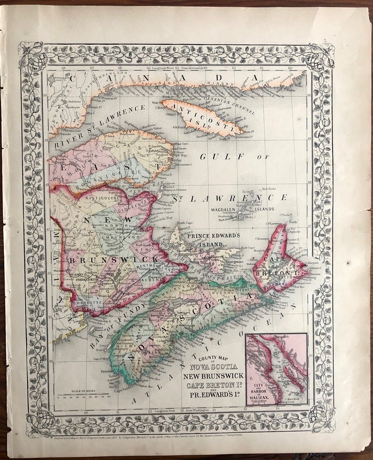 Item #2432 Map of Nova Scotia, New Brunswick Cape Breton Island and Prince Edward Island in Counties. Samuel Augustus Jr. MITCHELL.