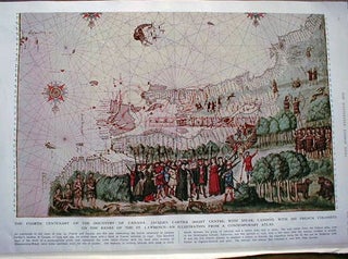 Item #2456 Engraving of a 1546 map / view of the founding of Canada by Jacques Cartier. Jacques...