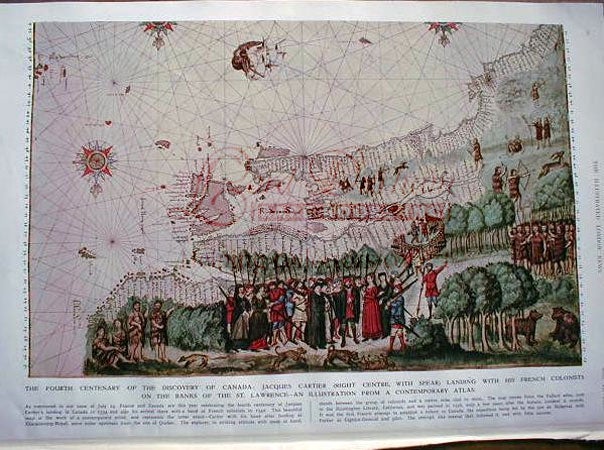 Item #2456 Engraving of a 1546 map / view of the founding of Canada by Jacques Cartier. Jacques Cartier.