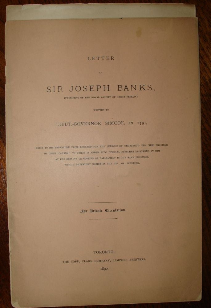 Item #2539 Letter to Sir Joseph Banks. John Graves Lieut. Col SIMCOE, Rev. Dr. SCADDING.