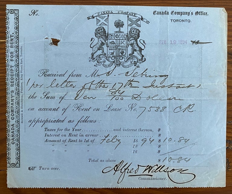 Item #2559 A Canada Company Office Toronto (with logo) receipt - Document signed. Alfred WILLSON, John Esq GALT, John Esq GALT, Canada Company.