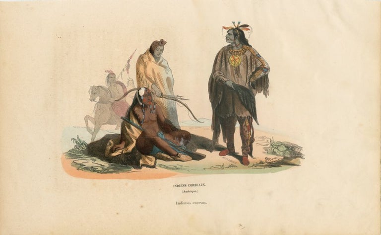 Item #2592 Indiens Corbeaux. (Amerique.) Indianos cuervos. (Crow Indians costume) print. Auguste WAHLEN.