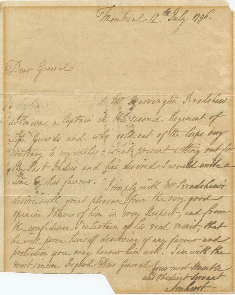 Item #2617 Jeffery Amherst ASL “letter of recommendation” for Barrington Bradshaw (to unkonwn) UK Manusricpt 1796. Jeffery AMHERST, 1st Baron Amherst.