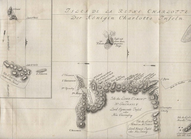 Item #2641 Isles de la Reine Charlotte - map of Queen Charlotte Island on James Cook journey. Jacques Nicolas BELLIN.