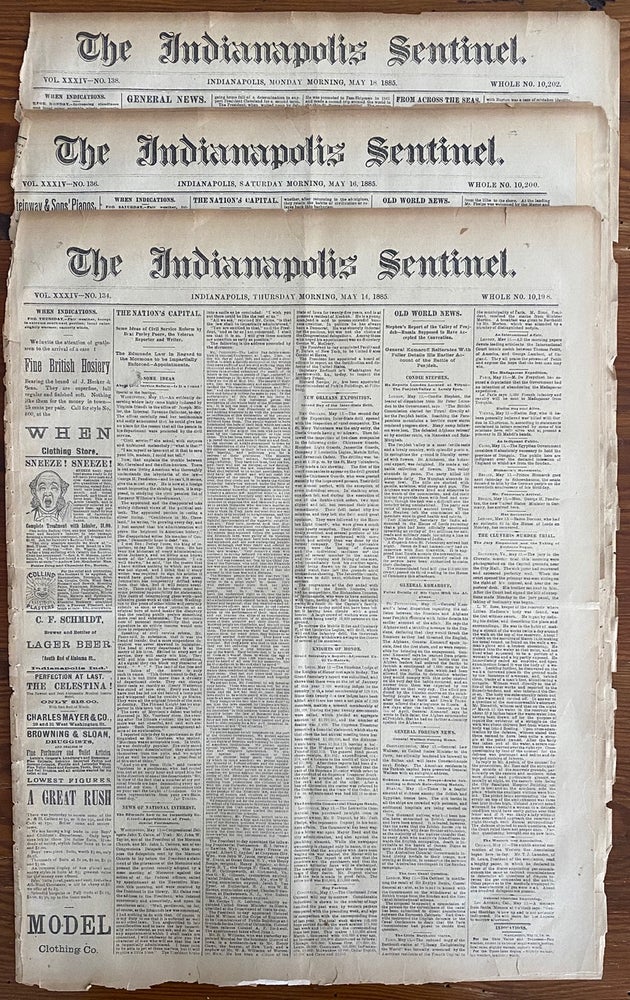 Item #2653 Three (3) May 1885 The Indianapolis Sentinel Newspapers, 8 page issues, each with The Riel Rebellion Reports. The Indianapolis Sentinel Newspaper.