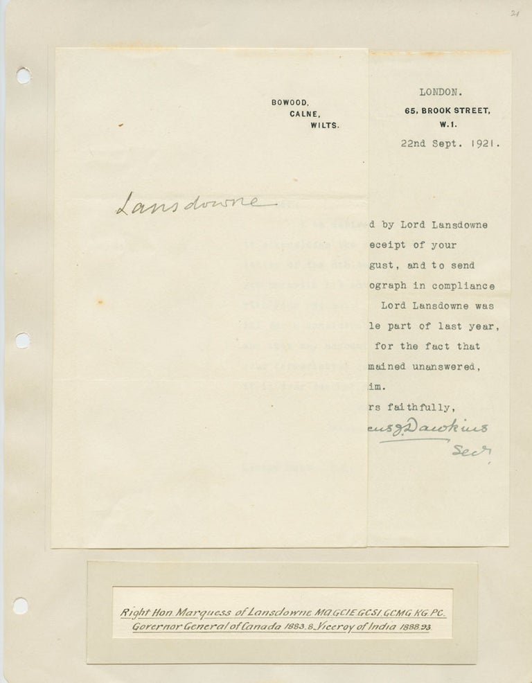 Item #2774 Marques of Landsdowne signature 5th Governor General of Canada (1883-88). Henry Charles Keith PETTY-FITZMAURICE, 5th Marquess of Lansdowne , 1845 - 1927.