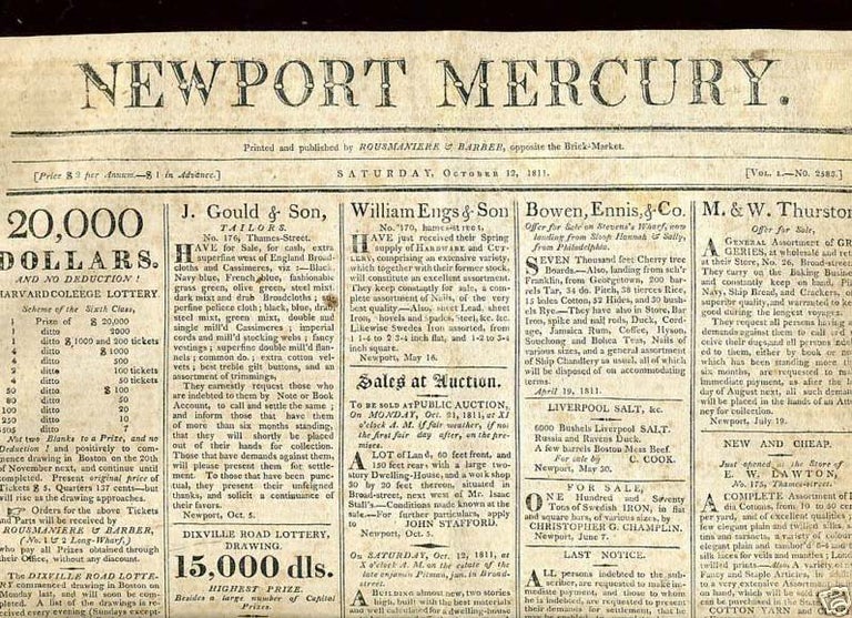 Item #2846 War 1812, "My Voice is Still for War" why USA should be at war with the Britain article in The Newport Mercury, October 12, 1811 newspaper. newpspaper.