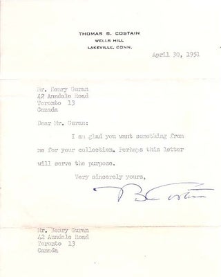 Item #2957 Author Thomas B. Costain Typed Letter Signed. Thomas .  COSTAIN, ertram, 1885 - 1965