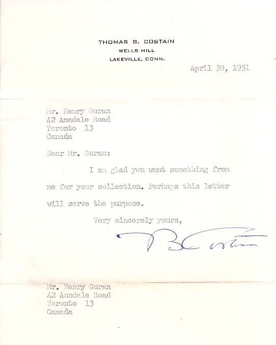 Item #2957 Author Thomas B. Costain Typed Letter Signed. Thomas .  COSTAIN, ertram, 1885 - 1965.