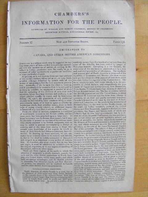 Item #3048 Chambers's Information for the People Number 17 Emigration to Canada, and other British American possessions. William CHAMBERS, Robert Chambers.