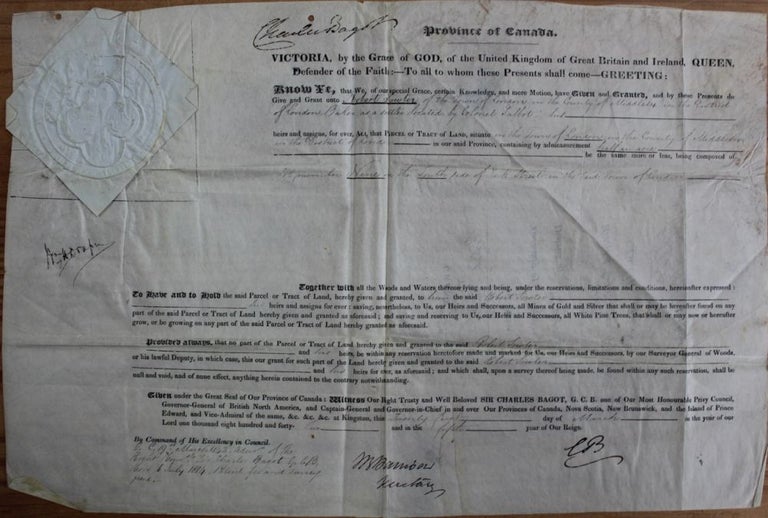 Item #3113 Province of Canada Land Grant of half an acre to Robert Sowter, in London, Upper Canada. Sir Charles BAGOT, William Henry DRAPER, Robert SOWTER.