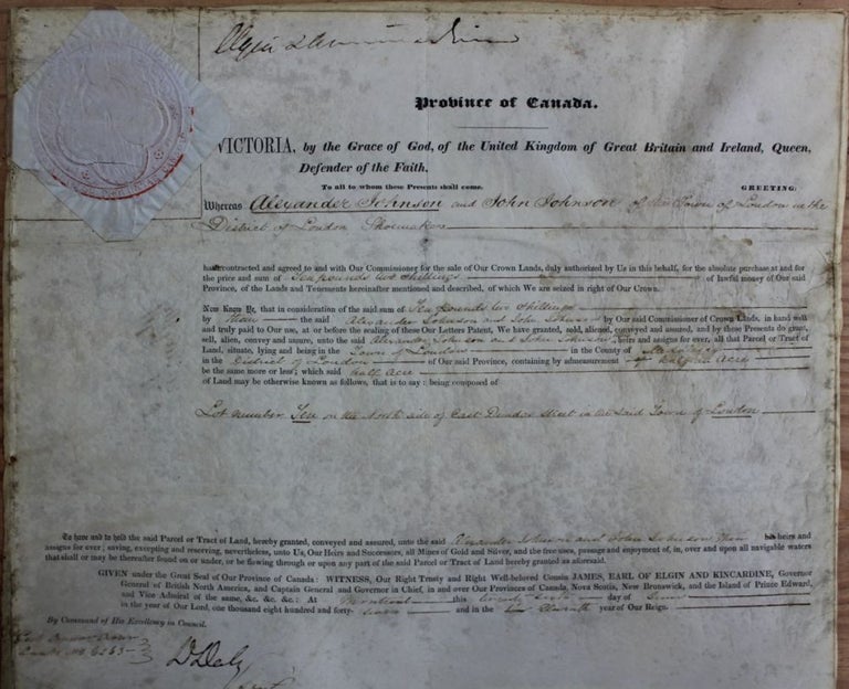 Item #3114 Province of Canada Land Grant of half an acre to Alexander Johnson and John Johnson in Town of London, Upper Canada. James 8th Earl of Elgin BRUCE, 12th Earl of Kincardine, Alexander and John JOHNSON.