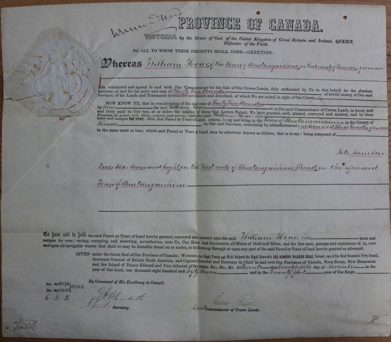 Item #3116 Province of Canada Land Grant to William Hoar, of the Township of Penetanguishene in the County of Simcoe. Signed by W.E. Head, E.A. Meredith, and Andrew Russell. Sir Edmund Walker HEAD, Edmund Allen MEREDITH, Andrew RUSSELL, William HOAR.