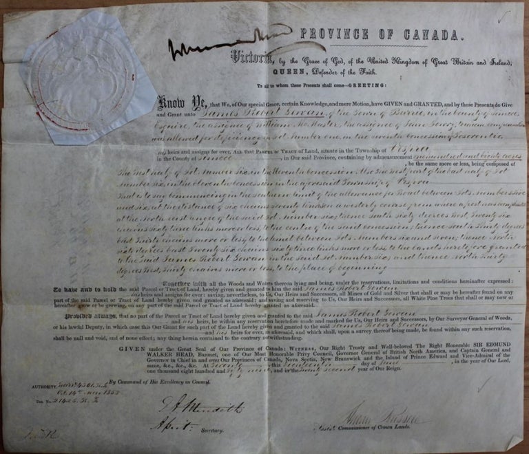 Item #3119 Province of Canada Land Grant to James Robert Gowan of the Town of Barrie in the County of Simcoe. Sir Edmund Walker HEAD, Andrew RUSSELL, Sir James Robert GOWAN.