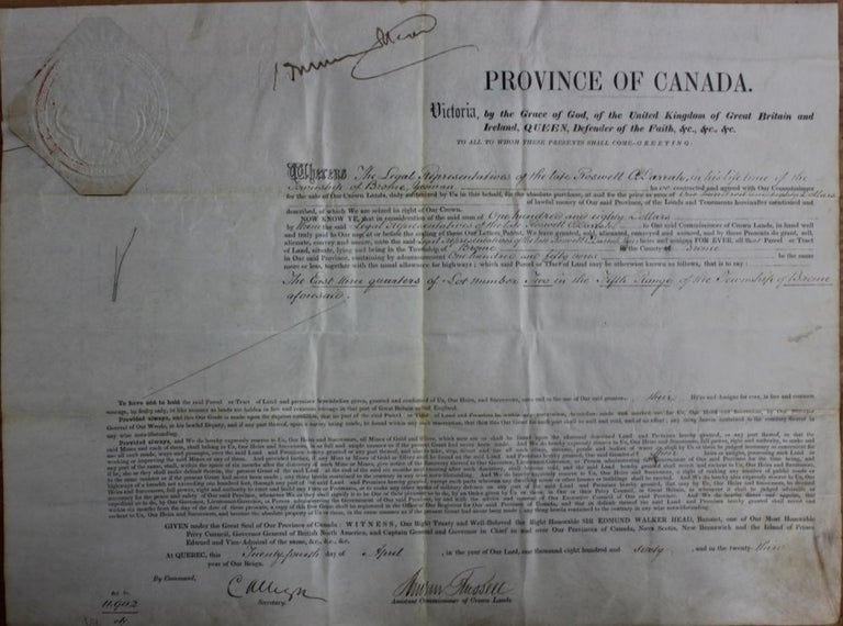 Item #3121 Province of Canada Land Grant to Roswell O. Darrah in the Township of Brome in the County of Brome (Eastern Townships - Québec). Sir Edmund Walker HEAD, Andrew RUSSELL, Roswell O. DARRAH.