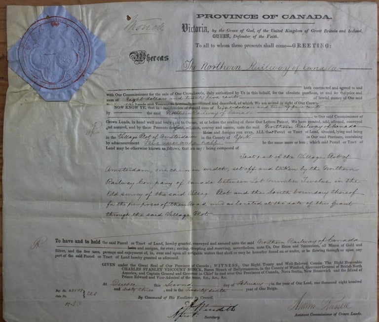 Item #3124 Province of Canada Land Grant to Northern Railway of Canada in the Village Plot of Amsterdam in the County of York (West Gwillimbury Township). Charles Stanley 4th Viscount Monck  MONCK, Andrew RUSSELL, Edmund Allen MEREDITH, 1819 - 1894.