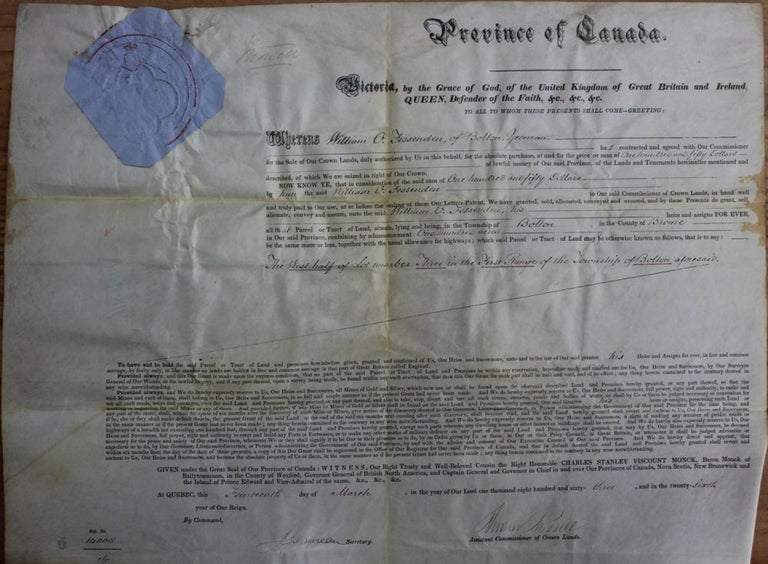Item #3125 Province of Canada Land Grant to William O. Fessenden of the Township of Bolton in the County of Brome (Eastern Townships - Québec). Charles Stanley 4th Viscount Monck  MONCK, Andrew RUSSELL, William O.  FESSENDDEN, 1819 - 1894.