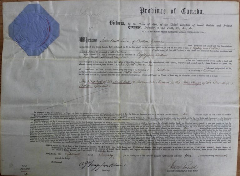 Item #3127 Province of Canada Land Grant to John Brill Luce of Bolton in the County of Brome (Eastern Townships - Québec). Charles Stanley 4th Viscount Monck  MONCK, Andrew RUSSELL, John Brill LUCE, 1819 - 1894.