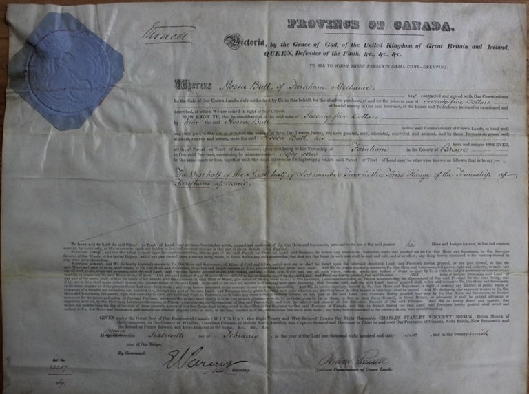 Item #3129 Province of Canada Land Grant to Hosea Bull of Farnham in the Township of Farnham. Charles Stanley 4th Viscount Monck  MONCK, Andrew RUSSELL, Hosea G. BULL, 1819 - 1894.