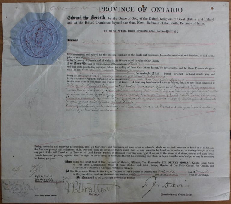 Item #3137 Province of Ontario land grant to The Central Ontario Railway Company Township of Dungannon in the County of Hastings. Sir Oliver MOWAT, Elihu James DAVIS, James Robert Stratton STRATTON, George COLLINS, 1860?-1927.