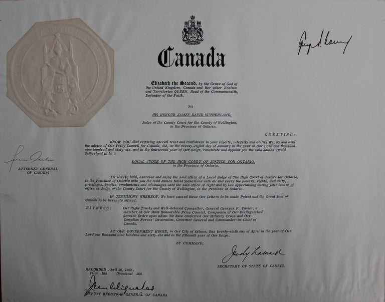 Item #3139 Honourable James David Sutherland appointment to be a local Judge of the High Court of Justice for Ontario (signed by at least Vanier co-signed by LaMarsh). Major-General George Philias VANIER, Julia Verlyn "Judy" LAMARSH, Hon. Louis Joseph Lucien CARDIN, James David SUTHERLAND.