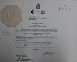 Item #3140 Judge David Sutherland certificate of Canada (signed by at least George Vanier...