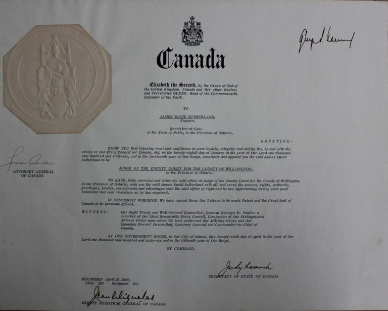 Item #3140 Judge David Sutherland certificate of Canada (signed by at least George Vanier co-signed by Judy LaMarsh). Major-General George Philias VANIER, Julia Verlyn "Judy" LAMARSH, Hon. Louis Joseph Lucien CARDIN, Judge James David SUTHERLAND.