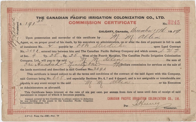 Item #3427 The Canadian Pacific (CPR) Irrigation Colonization Co. Ltd. Commission Certificate. Canadian Pacific Railway , CPR.