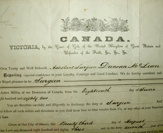 Canada appointment 1883 certificate to Duncan McLean as Active Militia Surgeon from June 18,1882