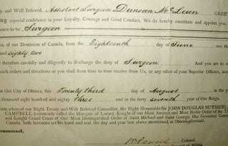 Canada appointment 1883 certificate to Duncan McLean as Active Militia Surgeon from June 18,1882