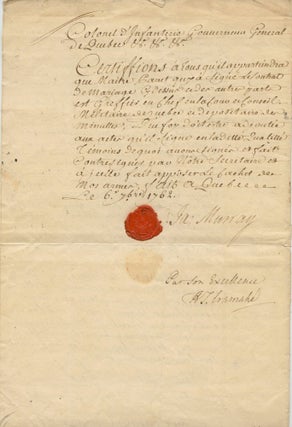 Contrat de mariage [marriage] (copie certifiée de l'époque) Québec, 6 septembre 1762 for Jean Urbain Martel of Belleville (1708-Ca. 1764) and Elisabeth Gastin