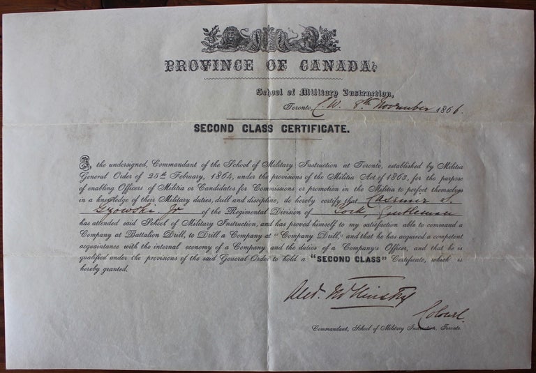 Item #4341 "School of Military Instruction" Toronto two certificates for Casimir S. Gzowski Jr. Casimir Stanislaus GZOWSKI II, Sir Casimir Stanislaus GZOWSKI, father.