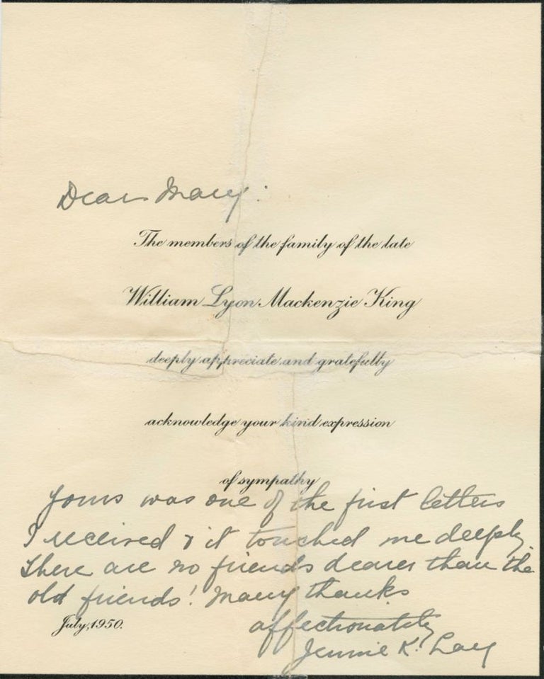 Item #4390 A William Lyon MacKenzie King funeral printed note July 1950 inscribed and signed by his sister, Jennie K. Lay. Janet "Jennie" Lindsey King LAY, William Lyon MacKenzie subject KING.