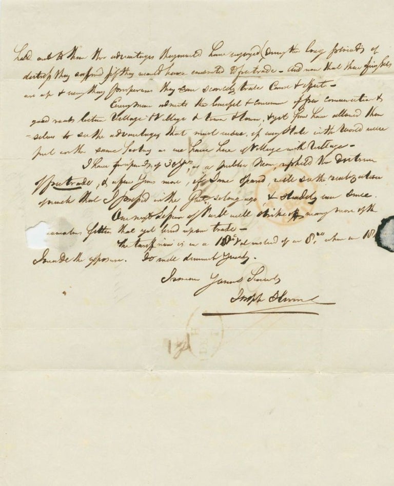 Item #4473 [partial] Joseph Hume 1846 Autograph Letter Signed with content relating to free trade. Joseph  HUME, 1777 -1855.