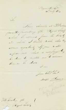 Item #4475 Joseph Hume May 20, 1831 Autograph Letter Signed to Royal Society secretary,...
