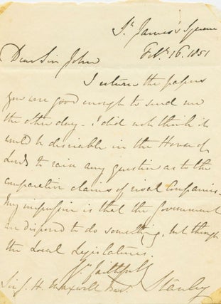 Item #4476 Edward George Geoffrey Smith-Stanley, 14th Earl of Derby 1851 Autograph Letter Signed...