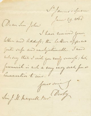 Item #4477 Edward George Geoffrey Smith-Stanley, 14th Earl of Derby Autograph 1865 Letter Signed...