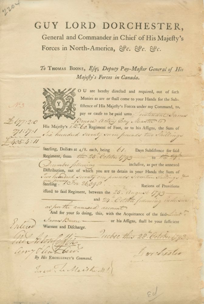 Item #4593 Guy Carleton, Lord Dorchester, Document Signed giving an account of money that is owed from October 25th to December 14th 1793. Sir Guy 1st Baron DORCHESTER CARLETON.