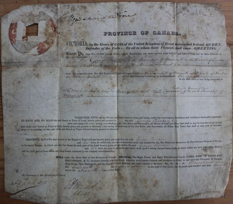 Item #4689 Province of Canada Land Grant to George Fischer for 100 acres in the Township of Warwick. James 8th Earl of Elgin BRUCE, 12th Earl of Kincardine, George FISCHER.
