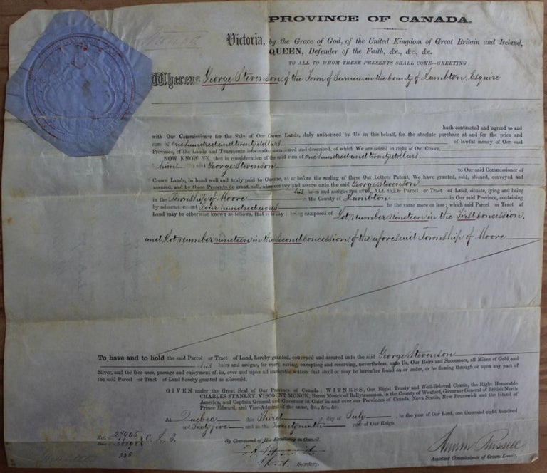 Item #4692 Province of Canada Land Grant to George Stevenson of the Town of Sarnia, the Township of Moore, in the County of Lambton. Charles Stanley 4th Viscount Monck  MONCK, Andrew RUSSELL, Edmund Allen MEREDITH, 1819 - 1894.