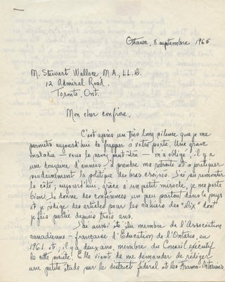 Item #4858 Autographed Signed Letter in French from Séraphin Marion to W. Stewart Wallace....
