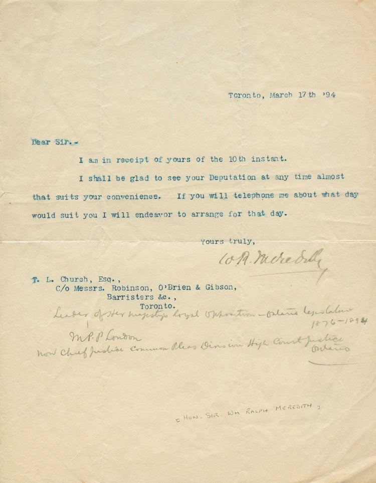 Item #4859 Typed Signed Letter (TSL) from William Ralph Meredith to L. Church. Sir William Ralph MEREDITH.
