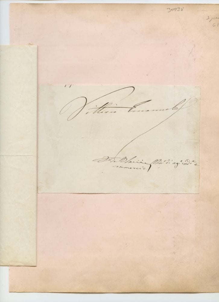 Item #4879 Signature of Victor Emanuel II (Vittorio Emanuele Maria Alberto Eugenio Ferdinando Tommaso) and five other ephemera items. Victor EMANUEL II, Dr. Leone LEVI.