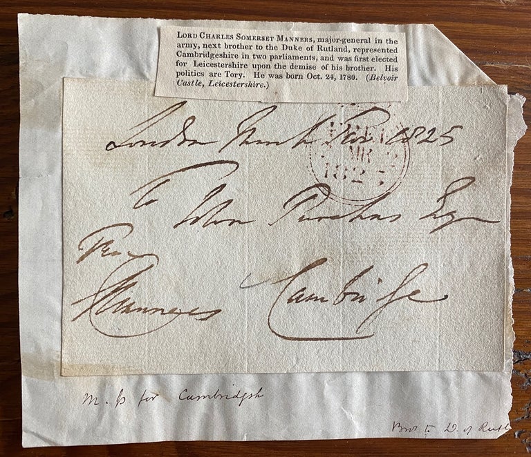 Item #4884 Signed envelope front with signature of The Prince Adolphus, 1st Duke of Cambridge. General Lord Charles Henry Somerset Manners MANNERS.