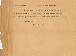 Item #4912 Unsigned typed note of William Arthur Deacon to Joan Hollobun. WilliamAutographed...