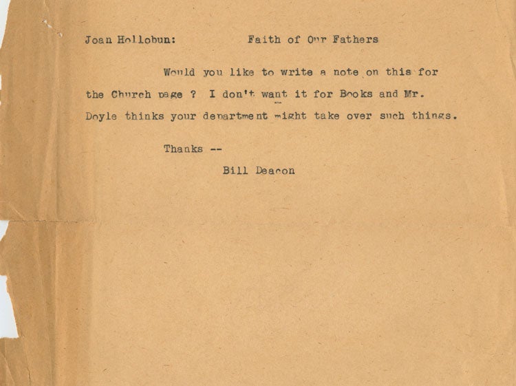 Item #4912 Unsigned typed note of William Arthur Deacon to Joan Hollobun. WilliamAutographed Signed Letter Arthur DEACON, Joan HOLLOBUN.