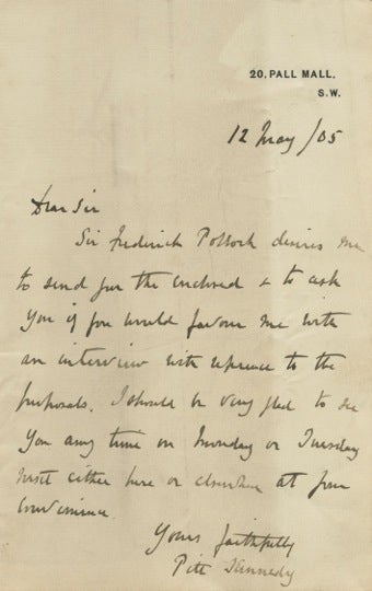 Item #4931 Two autographed Letters Signed (ALS) from Pitt Kennedy, assistant to Sir Frederick Pollock. Pitt KENNEDY, Sir Frederick POLLOCK, 3rd Baronet, Edward KC MP BLAKE, Dominick.
