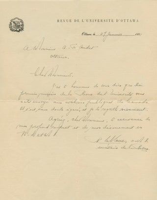 Item #4933 Autographed French Letter Signed (ALS) of Raoul Leblanc to [François Joseph] Audet....