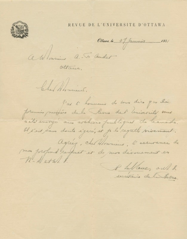 Item #4933 Autographed French Letter Signed (ALS) of Raoul Leblanc to [François Joseph] Audet. Raoul LEBLANC, François Joseph AUDET, provenance.